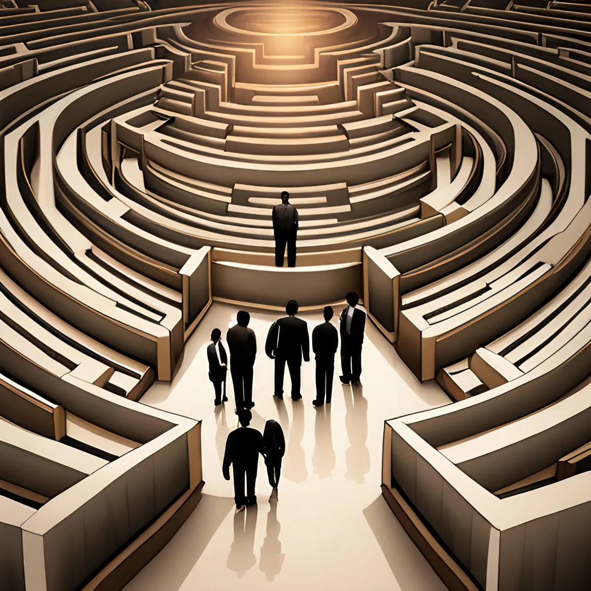 A group of professionals stands at the entrance of a complex maze symbolizing the challenges businesses face navigating government systems.
