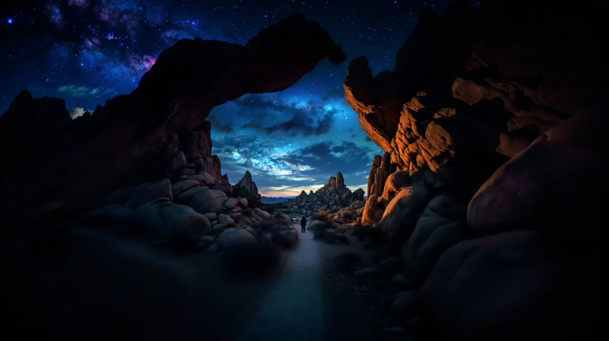 Silhouette of a lone hiker framed by rocky arches and a star-filled night sky symbolizing personal journey and cosmic wonder