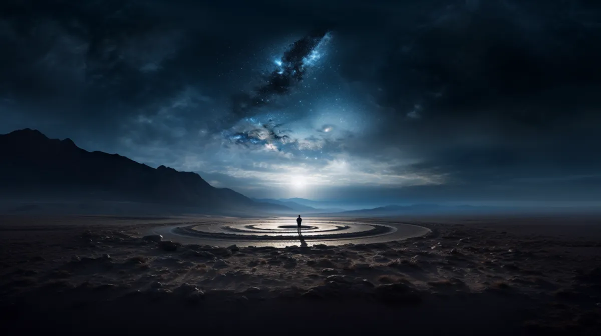 Lone figure standing in a circular pattern on a desert under starry skies, symbolizing introspection and the journey of discovery
