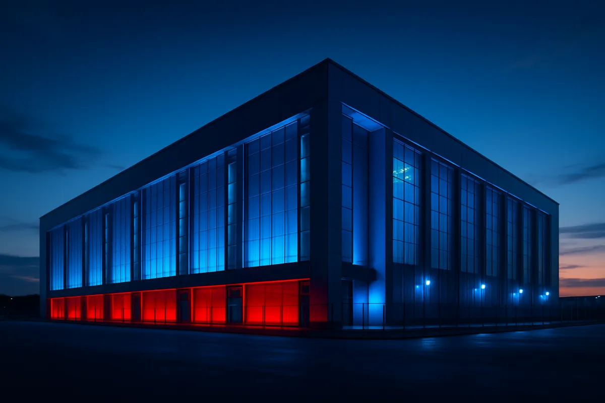 Modern hyperscale data center illuminated in blue and red lighting at dusk, symbolizing digital growth and innovation.