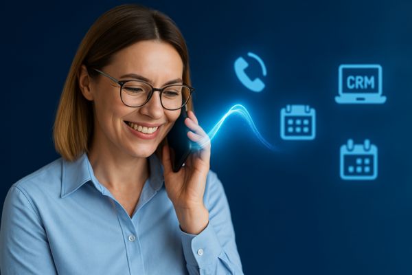 Small business owner using AI phone assistant for marketing automation