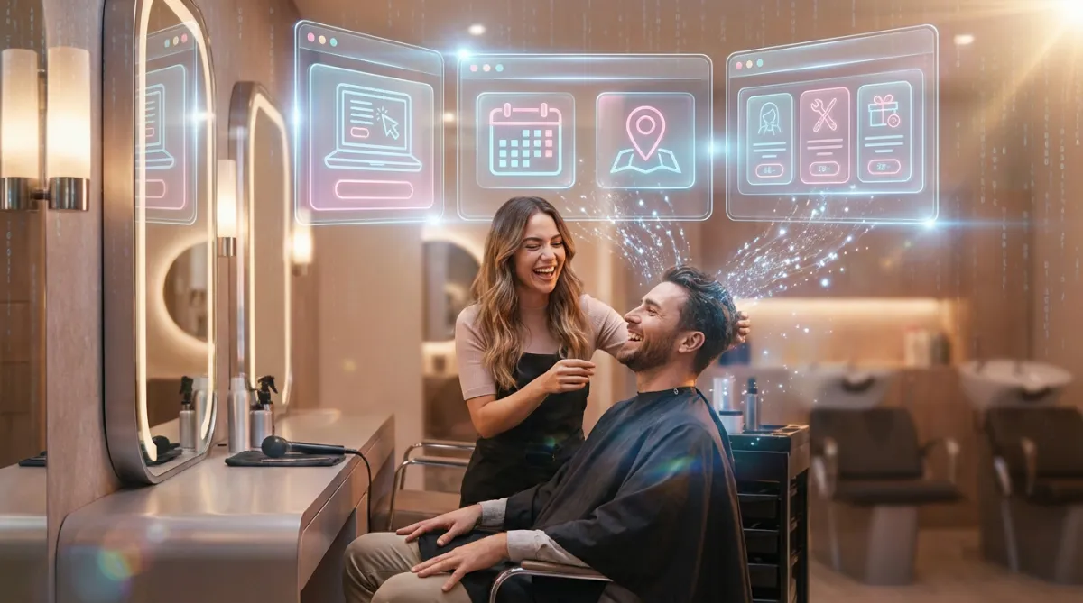 Moderner Friseursalon mit holografischer UI, Online-Buchungen und Persona-Avataren