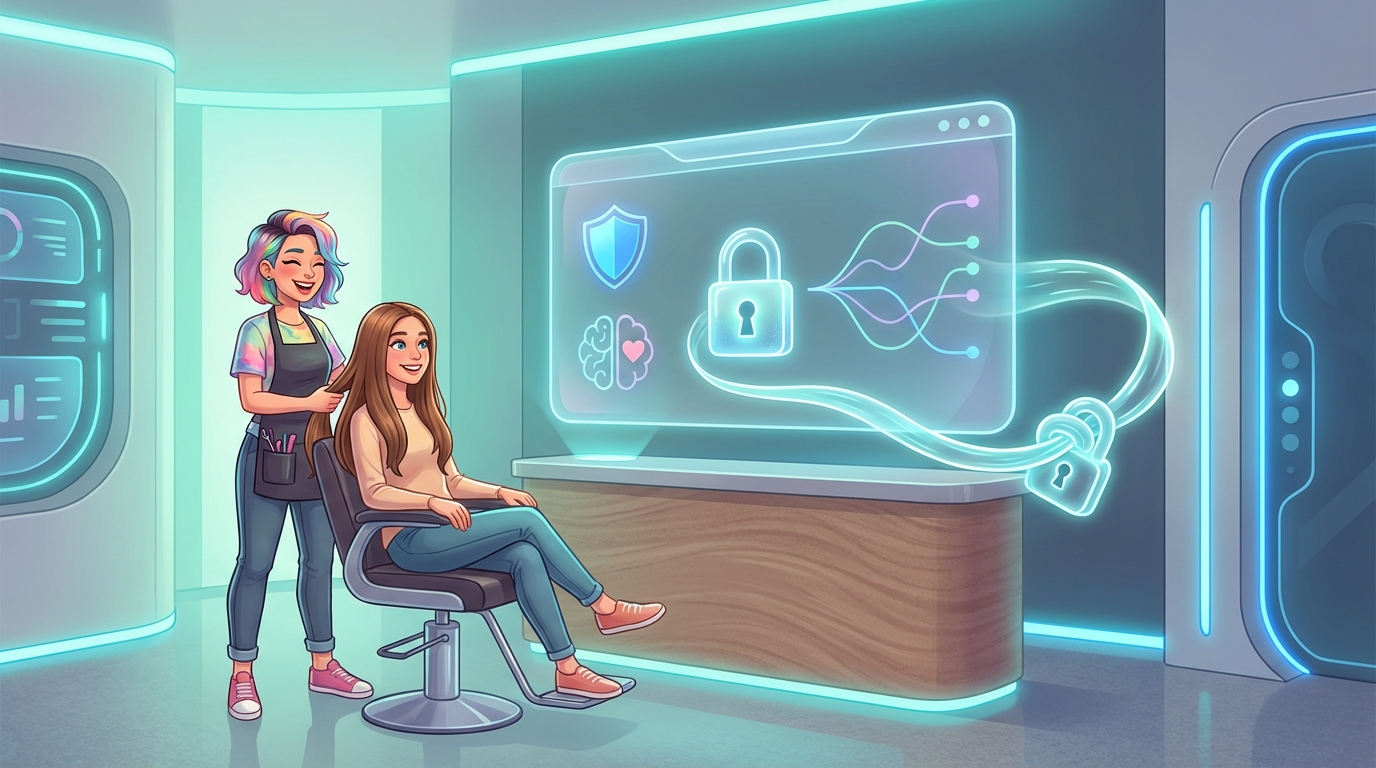 Bright salon with friendly stylist and client; futuristic UI visuals and a data-lock metaphor signaling GDPR-compliant WhatsApp use.