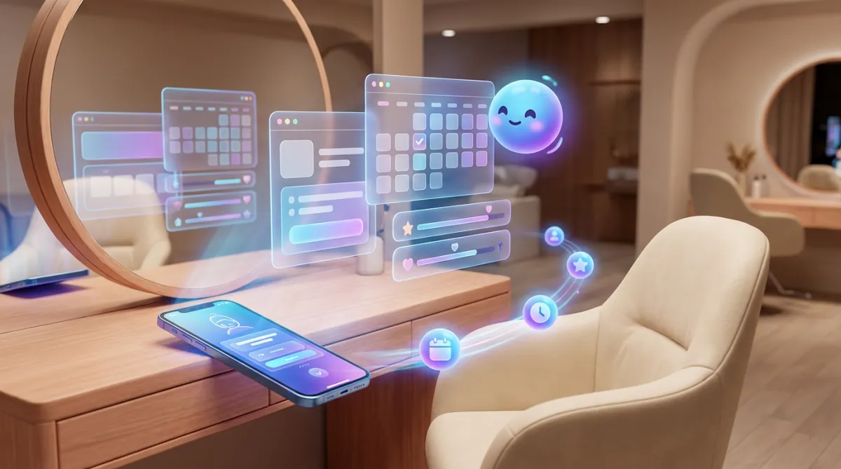 Moderne Salon-Szene mit digitalen Buchungs-Widgets und Smartphone-Portal; kein Text im Bild.