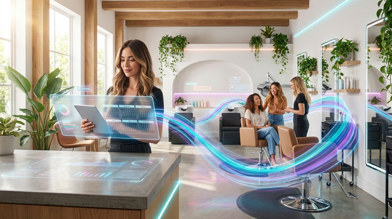 Bright salon with a holographic marketing dashboard and color-flow calendar visual