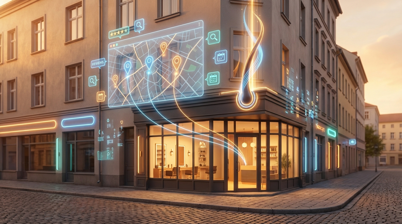 Local salon brand beacon over a city map.