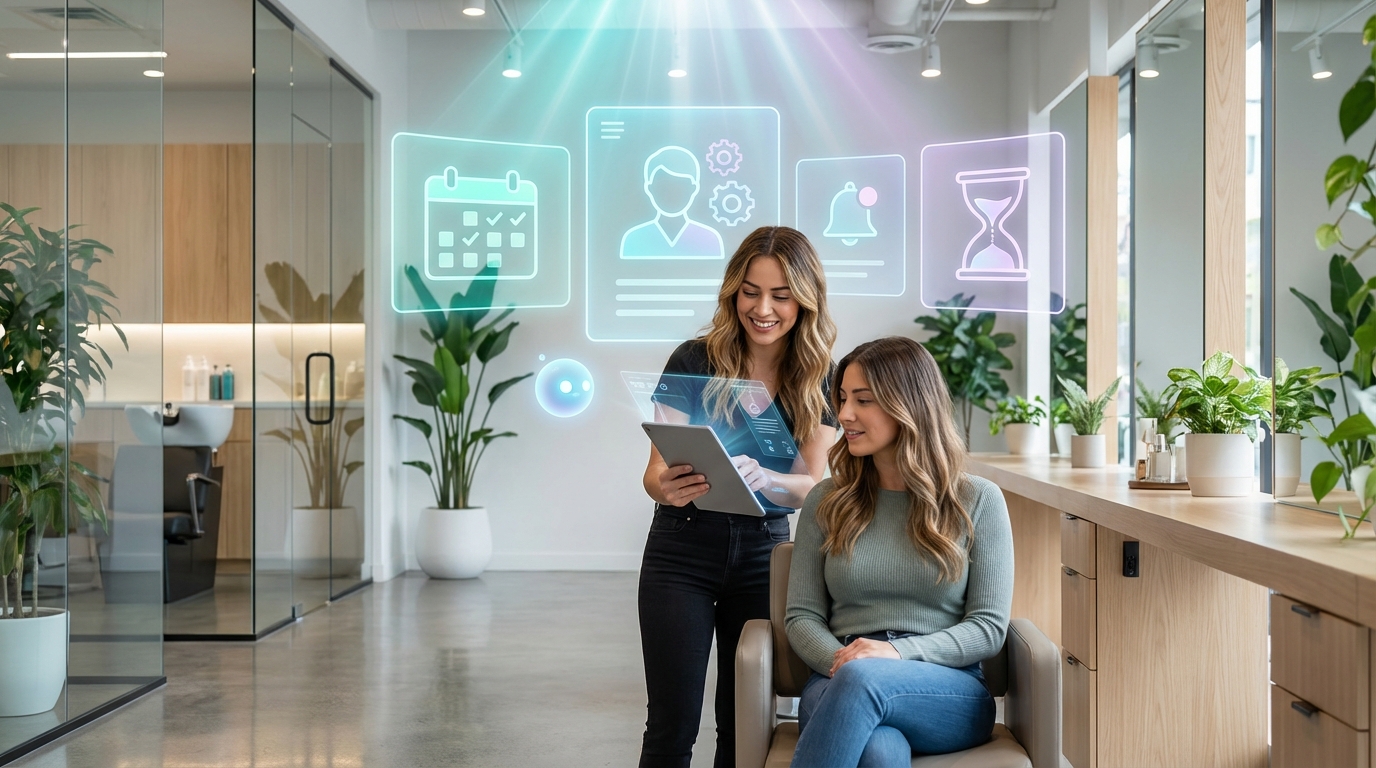 Hero-Bild eines digitalisierten Friseursalons mit holografischer Terminübersicht (kein Text).