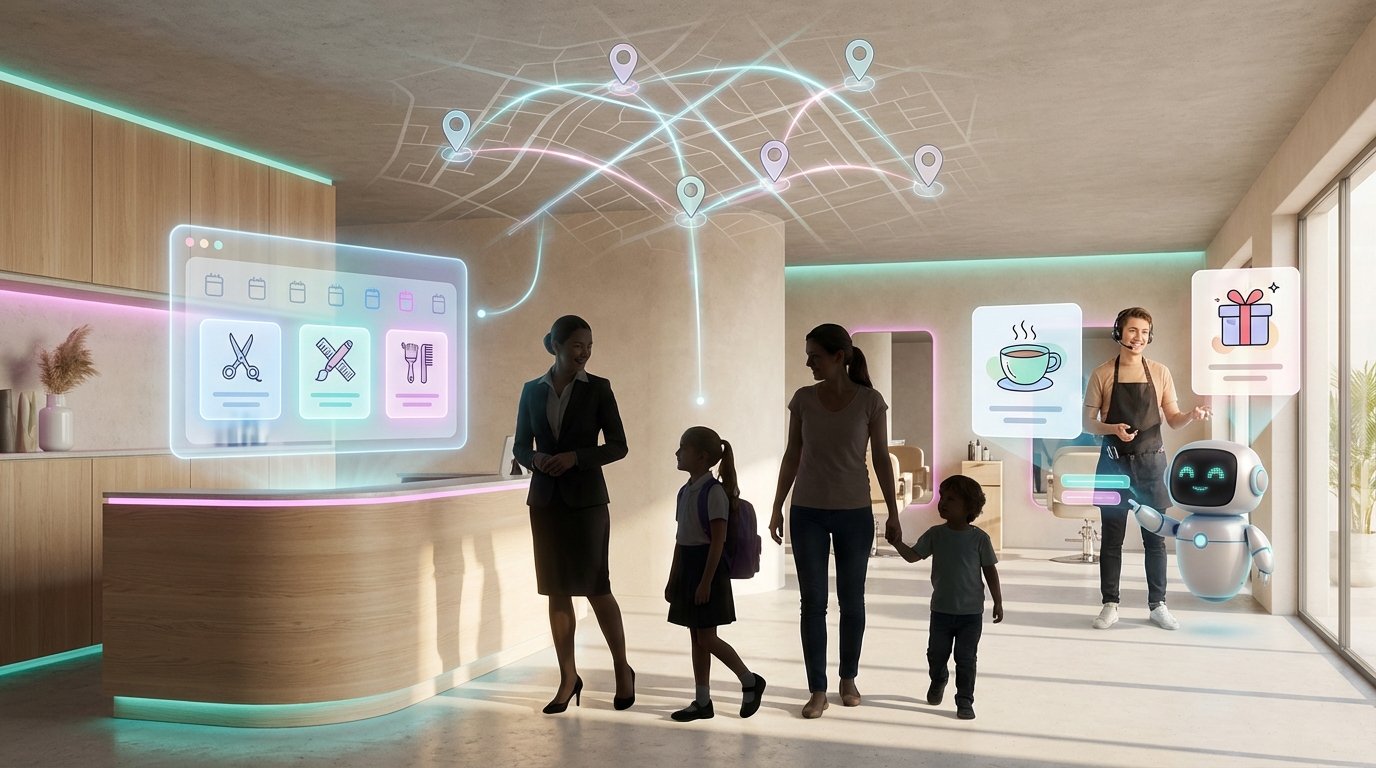 Moderner Friseursalon mit digitalen Buchungs-Interfaces und Local-SEO-Anspielung