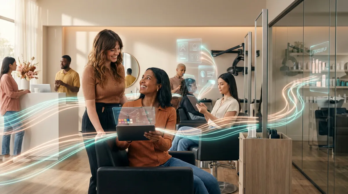 Moderne Friseursalon-Szene: freundliche Interaktion, futuristische UI-Elemente, einladend