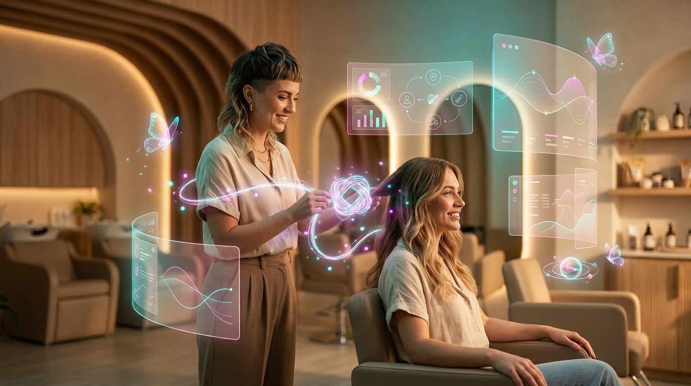 Futuristic salon hero with holographic UI and a glowing connection between stylist and client, symbolizing relationship marketing.