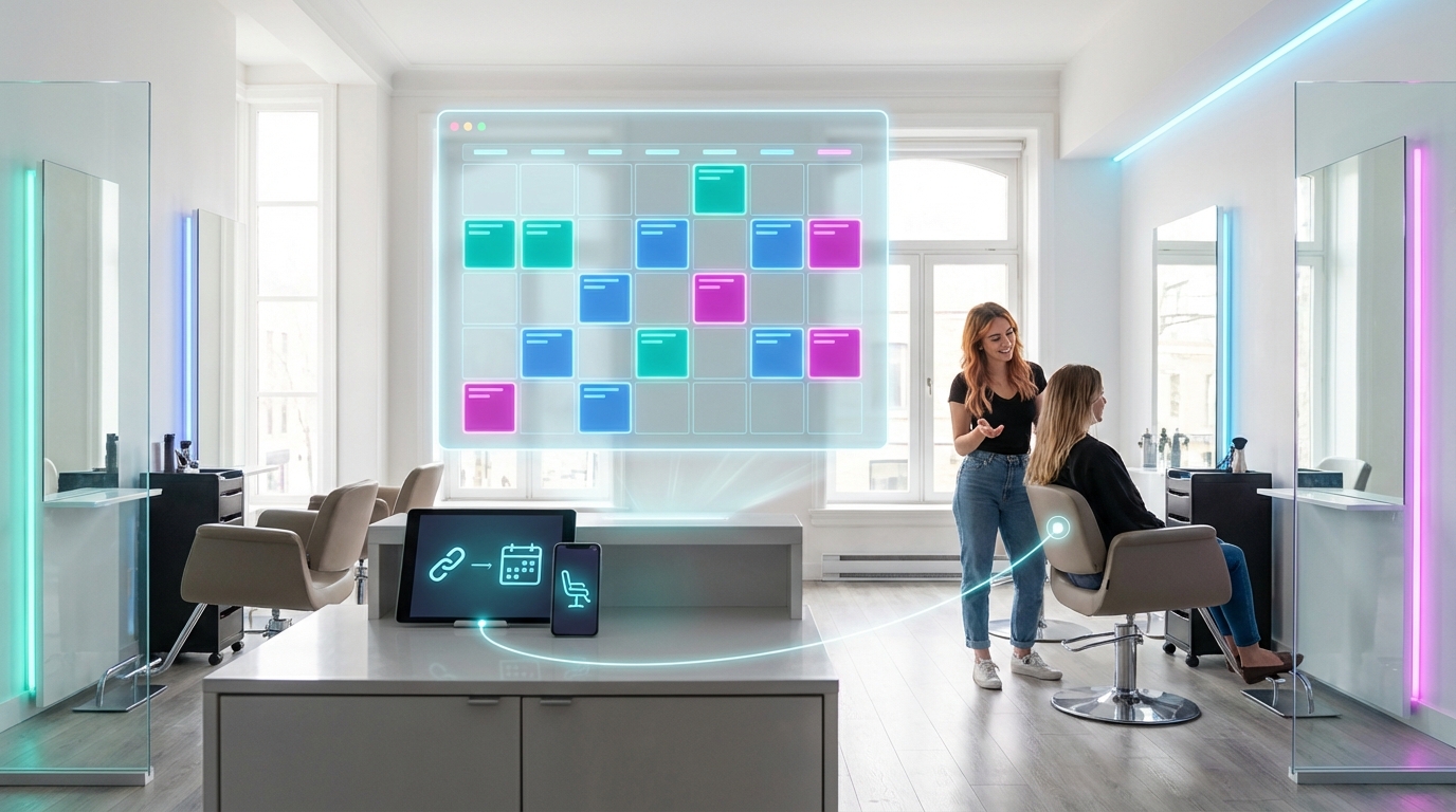 Modern salon scene with a floating holographic calendar showing available blocks, linking online booking to in-salon appointments.