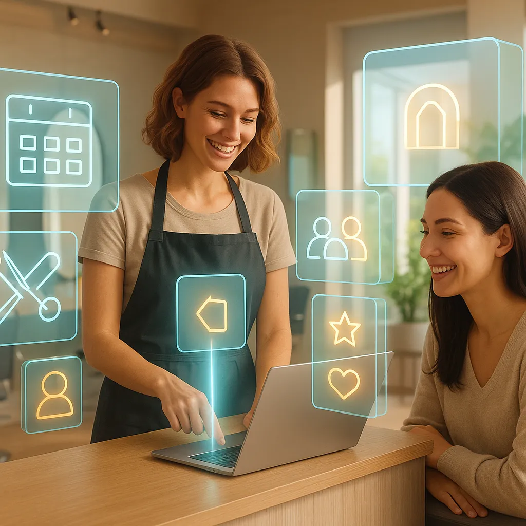 Moderner Friseursalon mit holografischer Buchungsoberfläche.