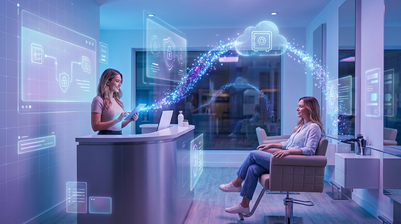 Futuristischer Friseursalon mit Datenschutz-Interfaces als Hero-Bild