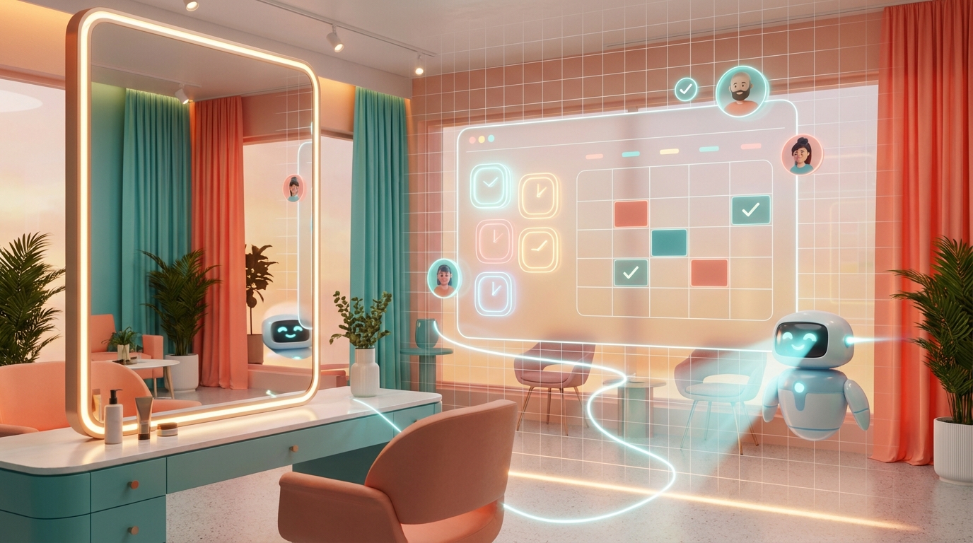 Moderner Friseursalon mit holografischer Buchungs-UI und futuristischer Beleuchtung.