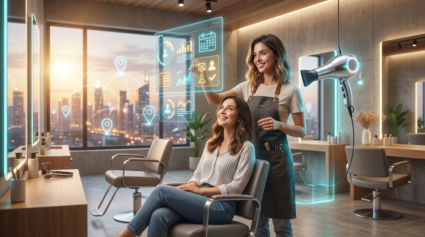 Moderner Friseursalon mit digitaler Buchungs-UI und lokaler Sichtbarkeit