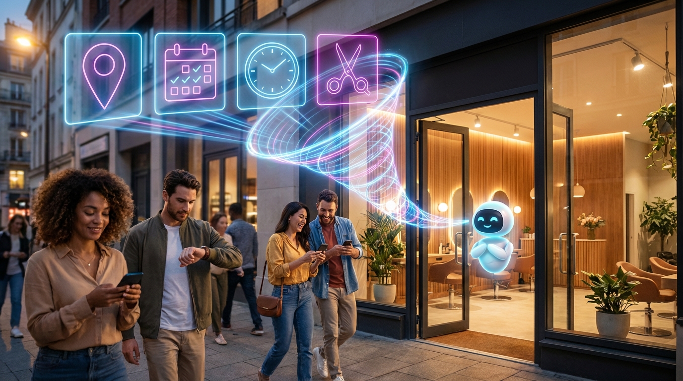 Salon with glowing online-booking holograms guiding customers