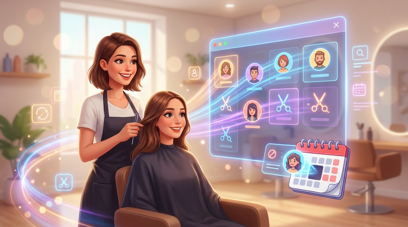 Moderner Friseursalon mit holografischem Buchungs-Interface, kein Text sichtbar