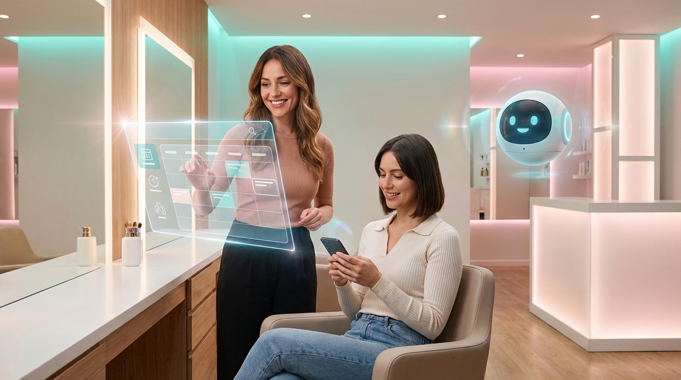 Moderner Friseursalon mit holografischer Buchungs-UI und zufriedener Kundin