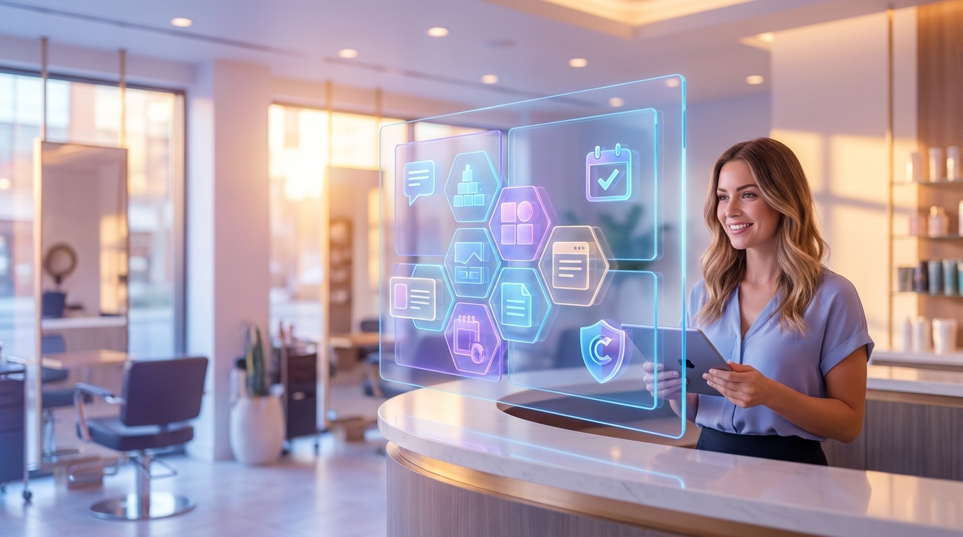 Moderne Friseursalon-Rezeption mit holografischer Vorlagen-UI; kein Text im Bild.