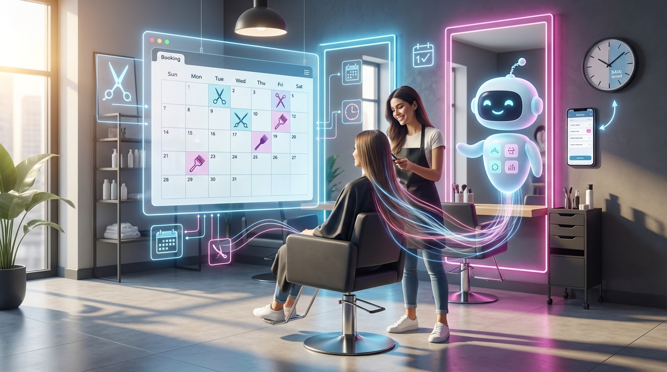 Moderne Friseursalon-Szene mit holografischer Buchungs-UI.