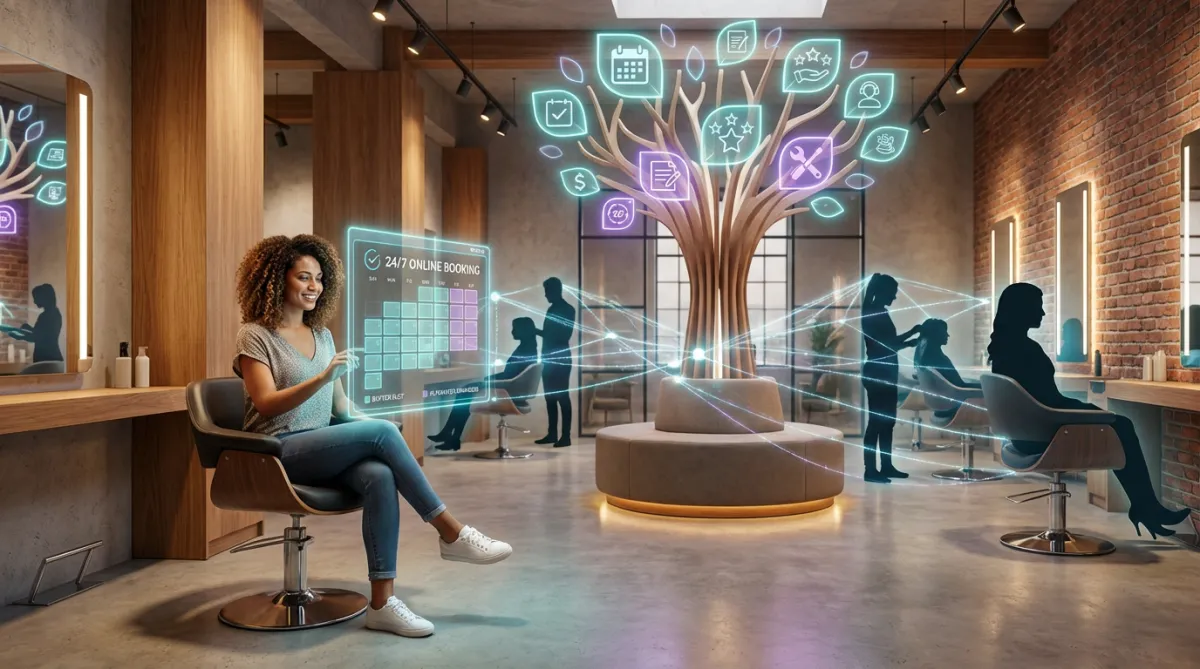 Moderne Salon-Szene mit digitalen UI-Elementen.