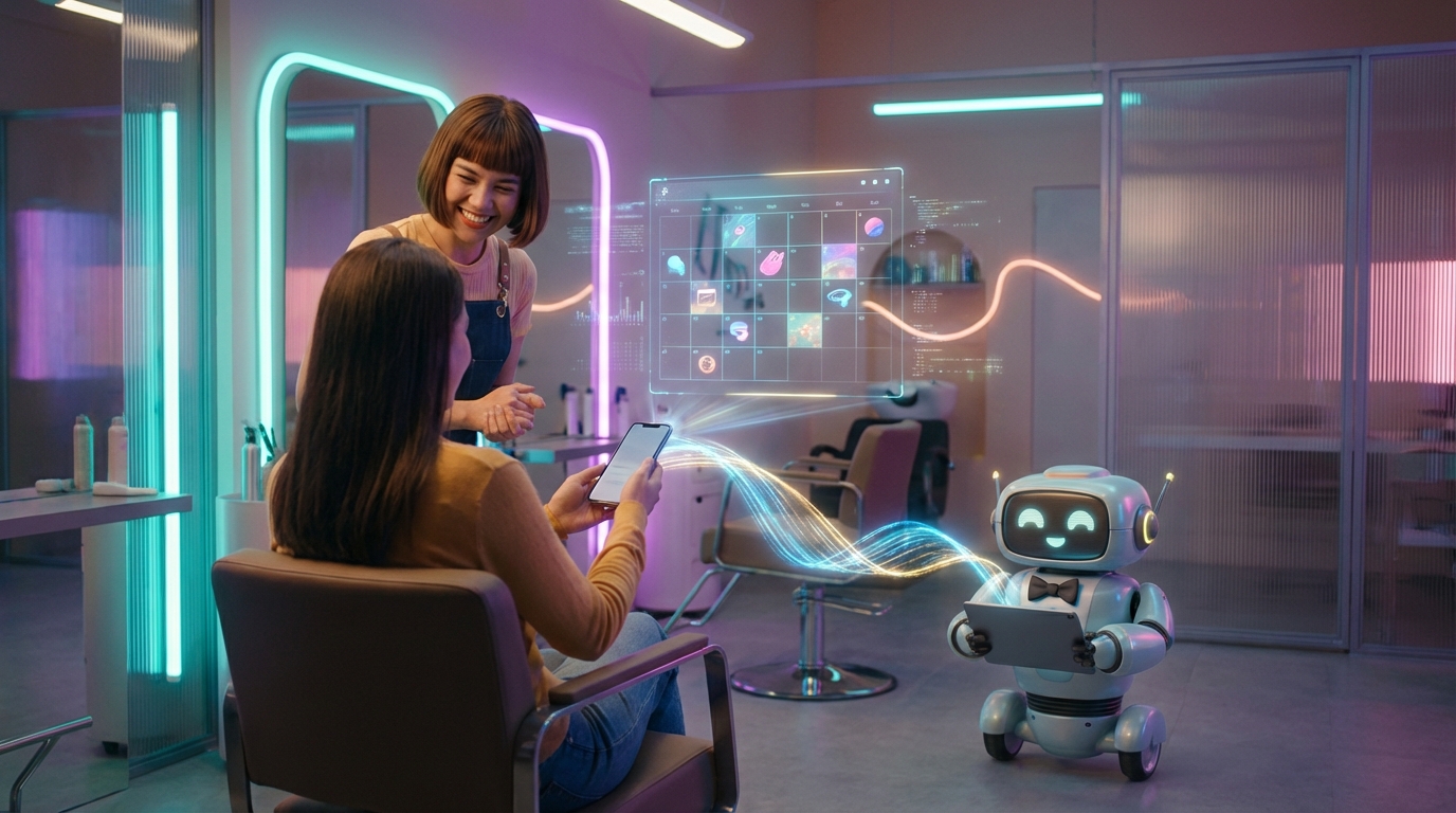 Futuristischer Friseursalon mit holografischer Buchungsoberfläche.