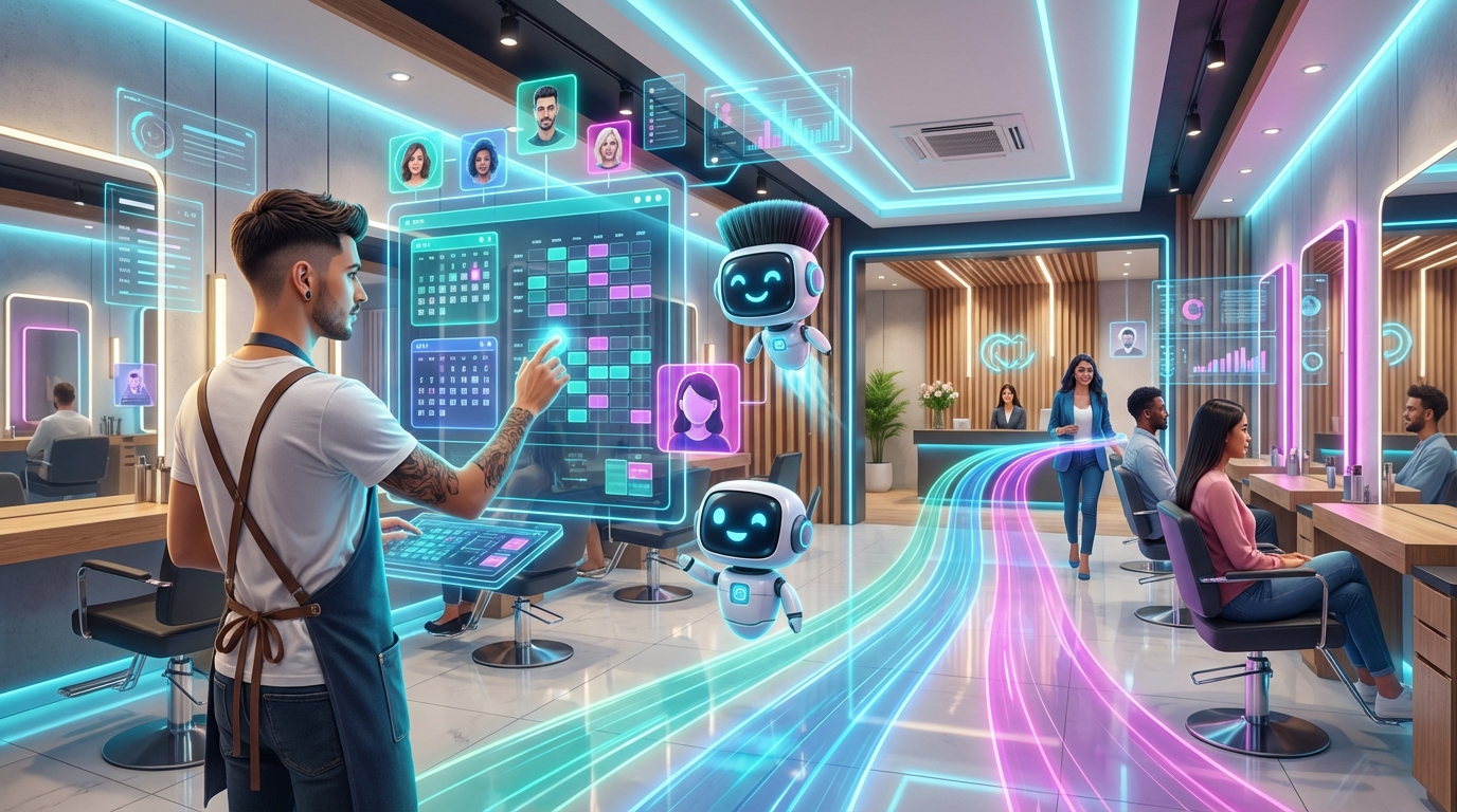 Futuristic salon with holographic booking interface guiding clients to appointments.