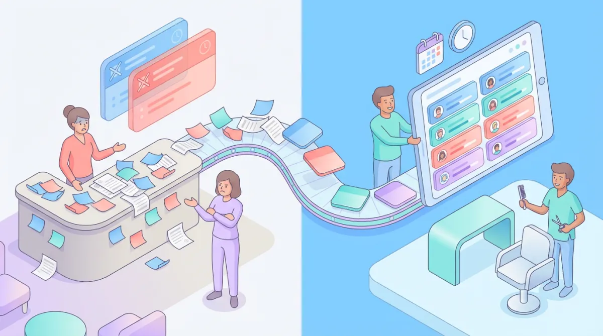 Isometric salon overview with a glowing digital calendar, stylists using tablets, and paper notes transforming into appointment blocks to show digital scheduling