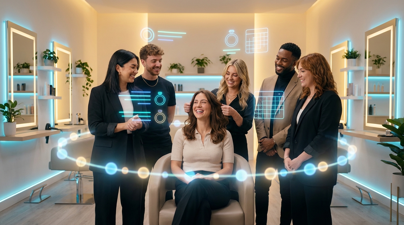 Moderner Friseursalon mit Team, zufriedener Kundin und holografischer Beratung.