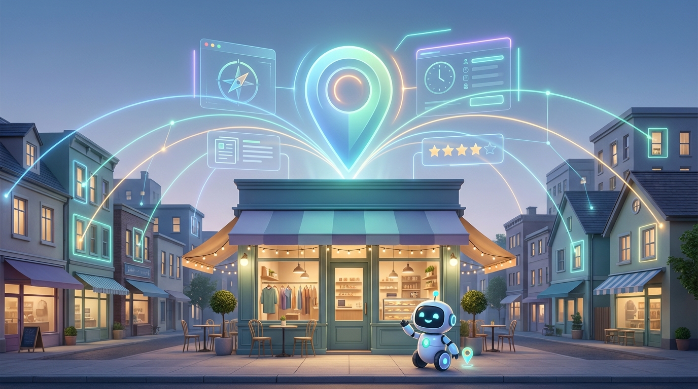 Locals find your business: storefront with glowing map pin and futuristic UI overlays, 16:9 hero image (no text).