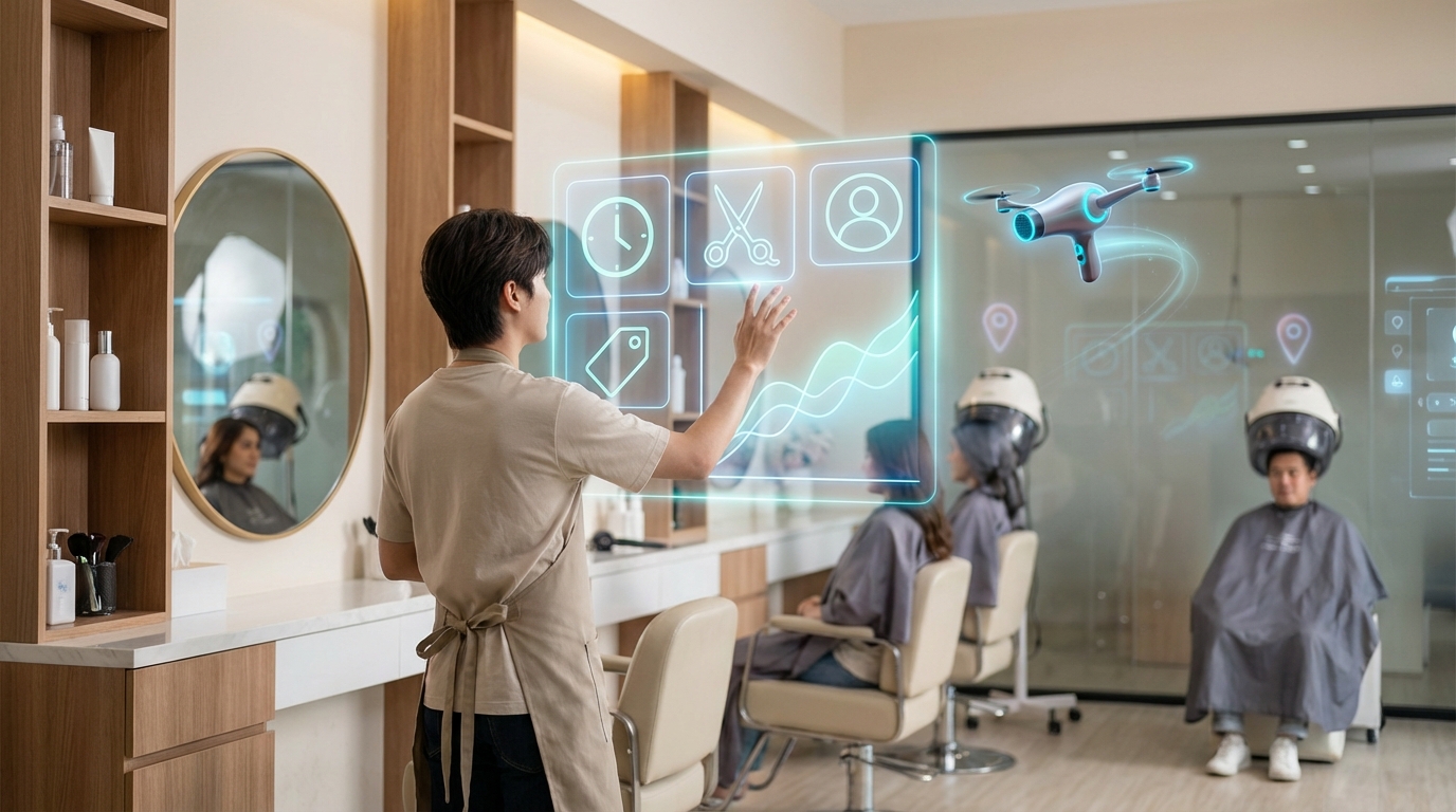 Modern salon with a holographic booking UI and rising growth graph, no text