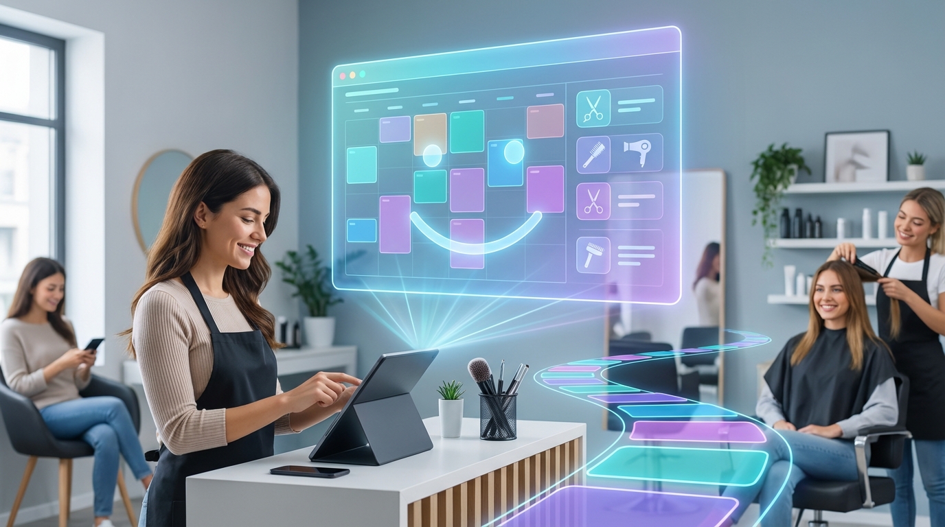 Futuristischer Friseursalon mit Online-Buchungs-UI