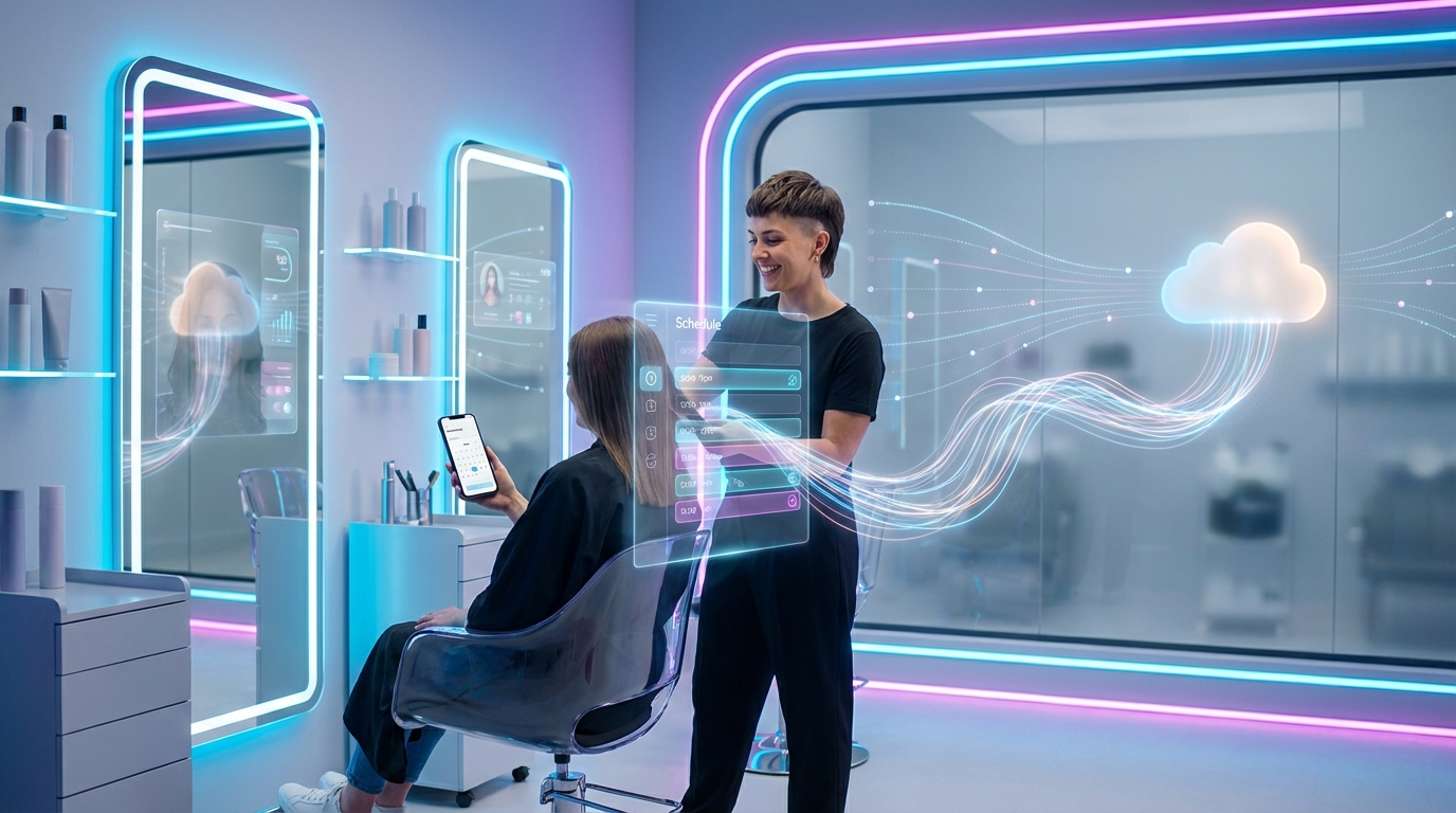 Futuristic compact hair salon with holographic booking UI and a client using a smartphone