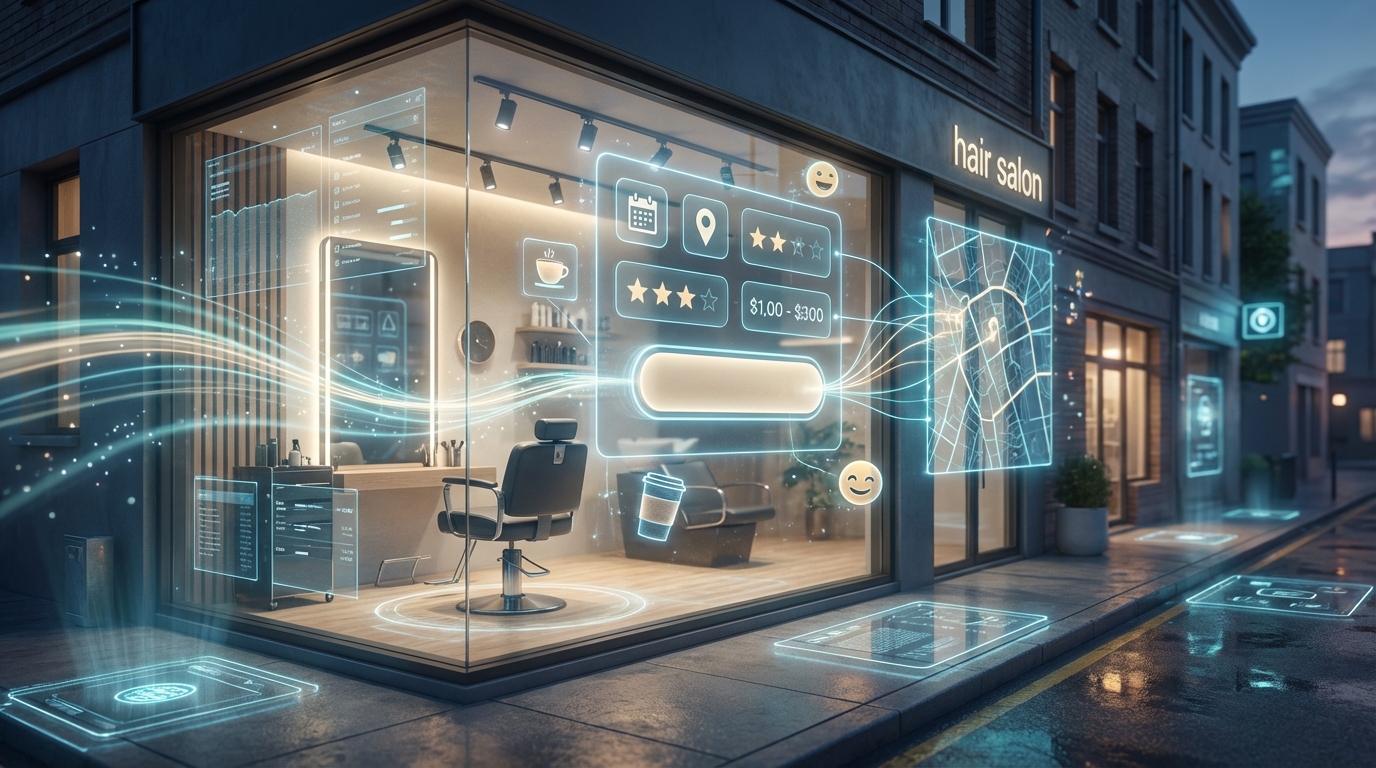 Moderner Friseursalon mit schwebendem Buchungs-Dashboard, 16:9