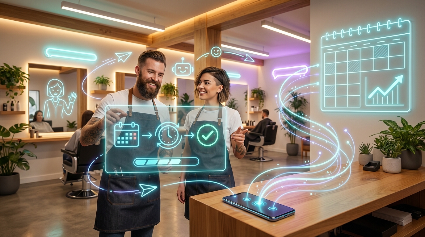 Modern salon with floating booking UI and happy client