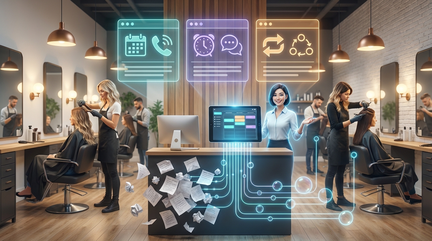 Salon with floating scheduling UI and AI concierge.