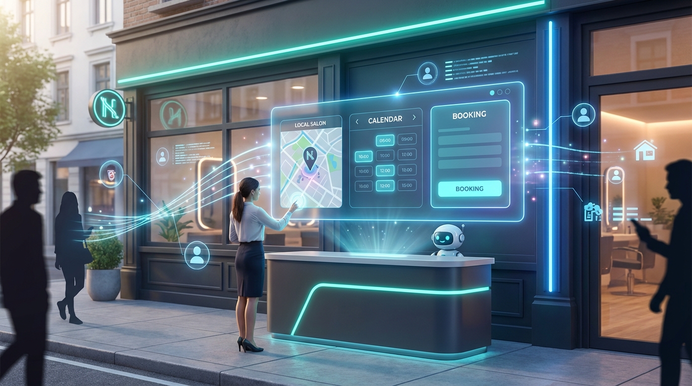 Modern hair salon with a glowing, text-free booking interface drawing in local customers.