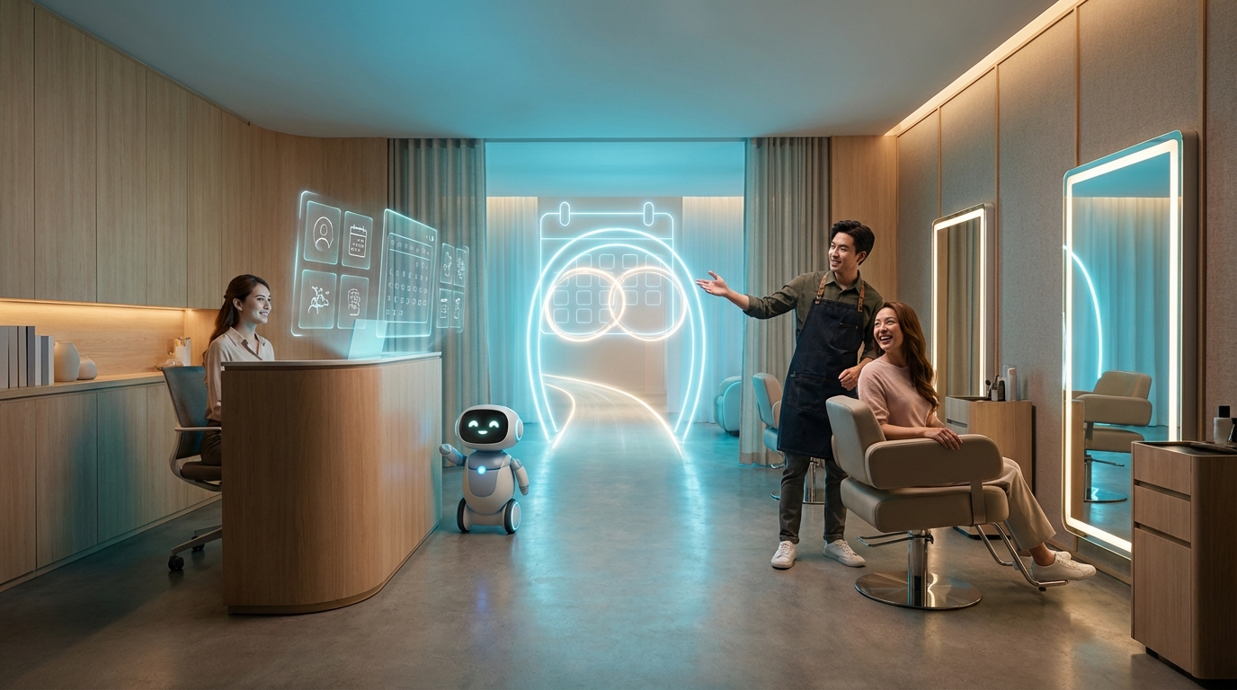 Futuristic yet welcoming salon scene with holographic booking UI, a smiling client and stylist, and a glowing path suggesting seamless appointments.