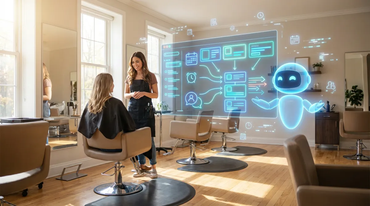 Modern salon with a hovering digital dashboard and friendly AI assistant guiding the workflow.