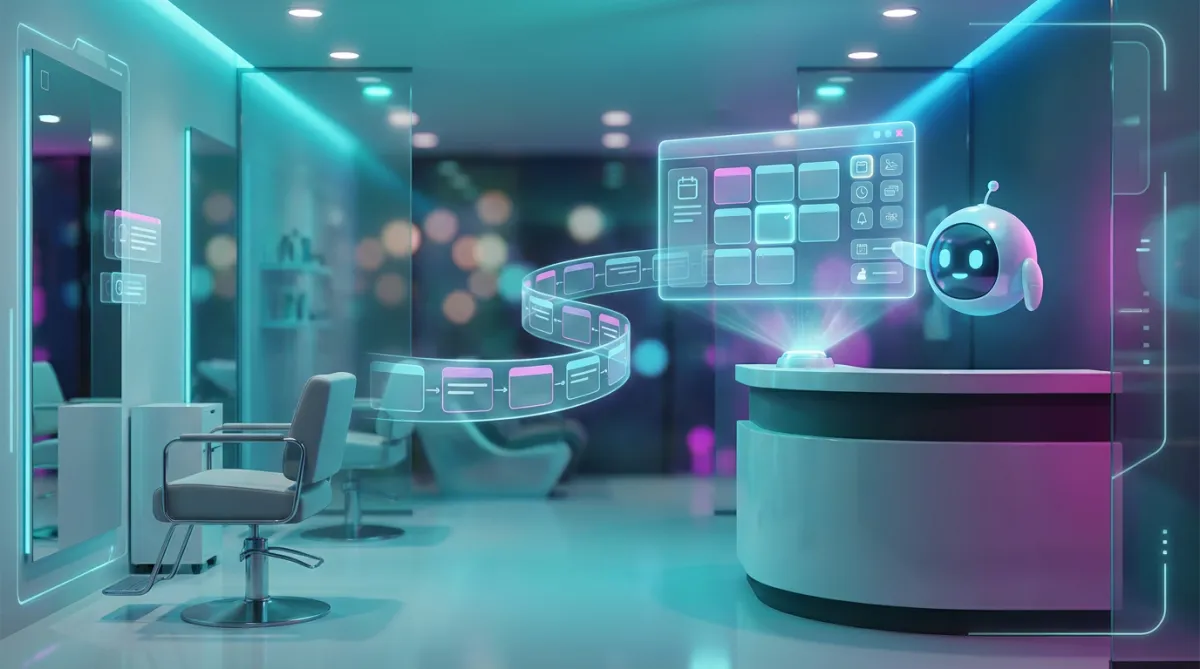 Moderne Friseurszene mit holografischer Buchungsanzeige und freundlicher KI-Assistentin; textfrei, einladend.
