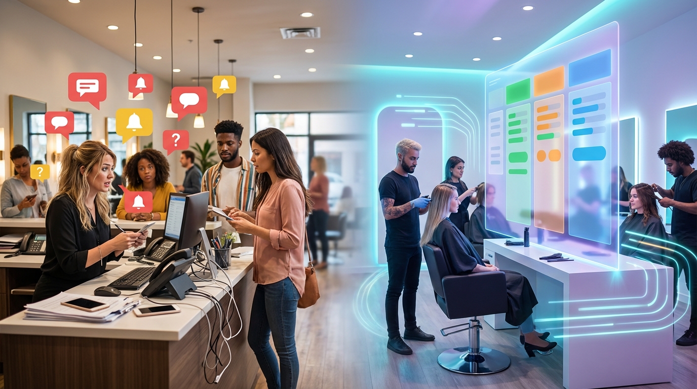 Ruhiger Friseursalon mit geordnetem digitalen Dashboard.