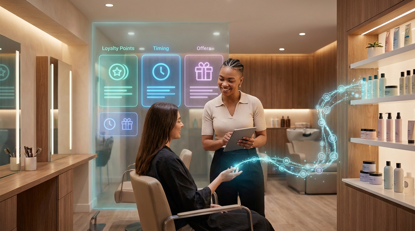 Hero-Bild eines Friseursalons mit futuristischen Loyalitäts-UI-Elementen
