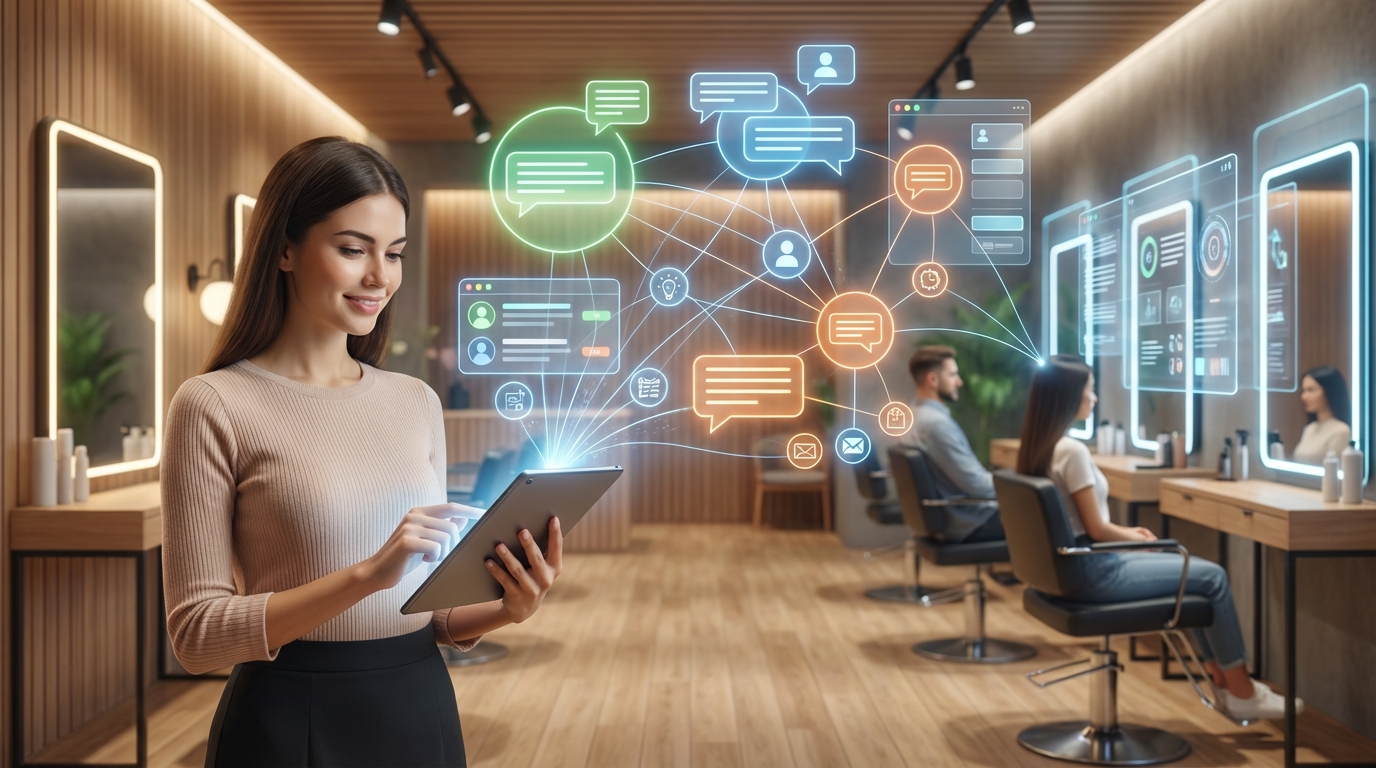 Hero image: modern salon with glowing chat-network guiding customers