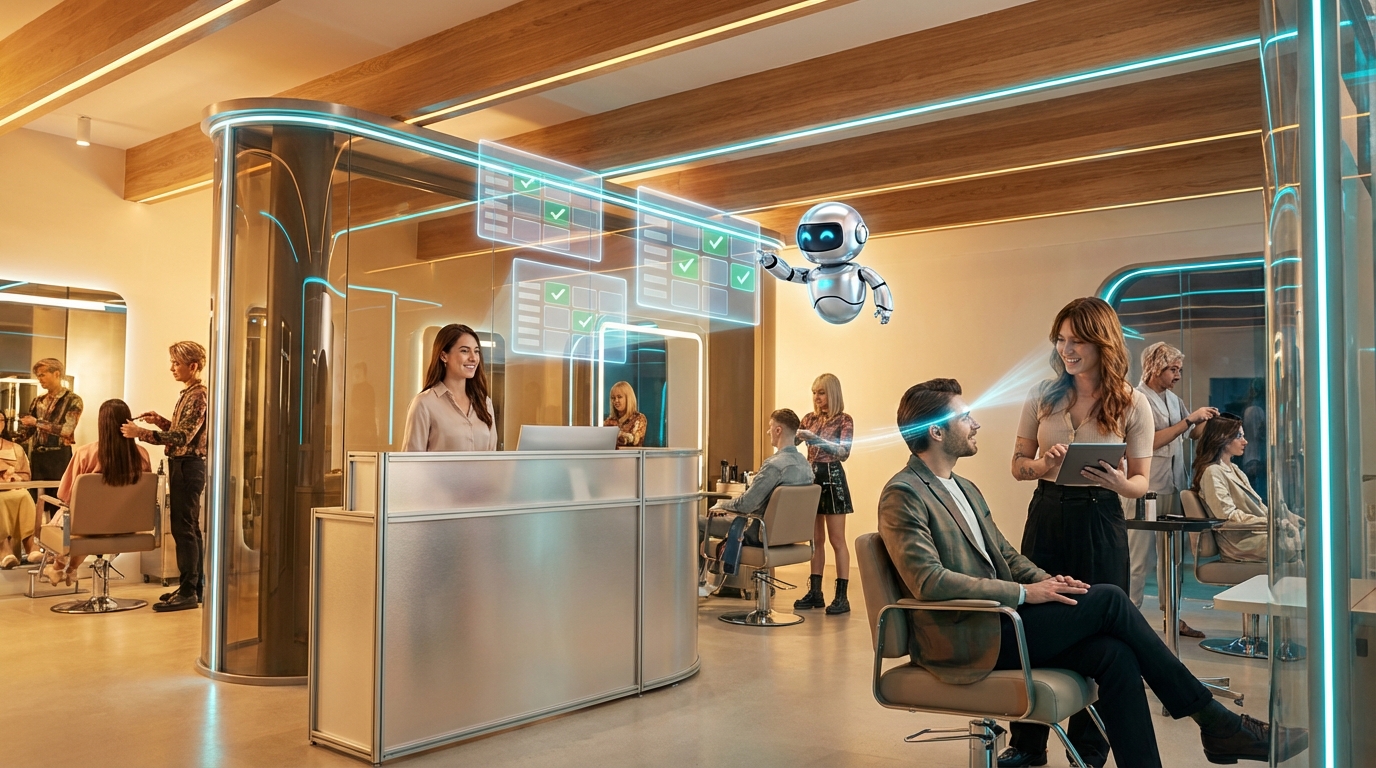 Salon interior with holographic scheduling UI and friendly staff
