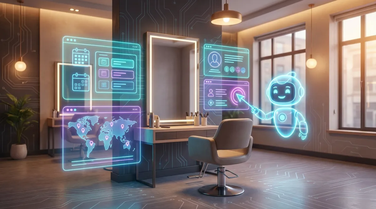 Moderne Friseursalon-Szene mit schwebenden Buchungs-UI-Elementen und freundlicher KI-Assistenz.