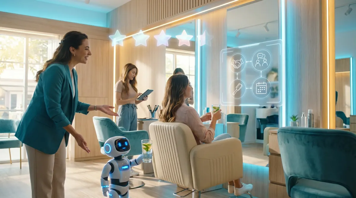 Modern salon hero image with a warm reception, holographic service map, and four stars
