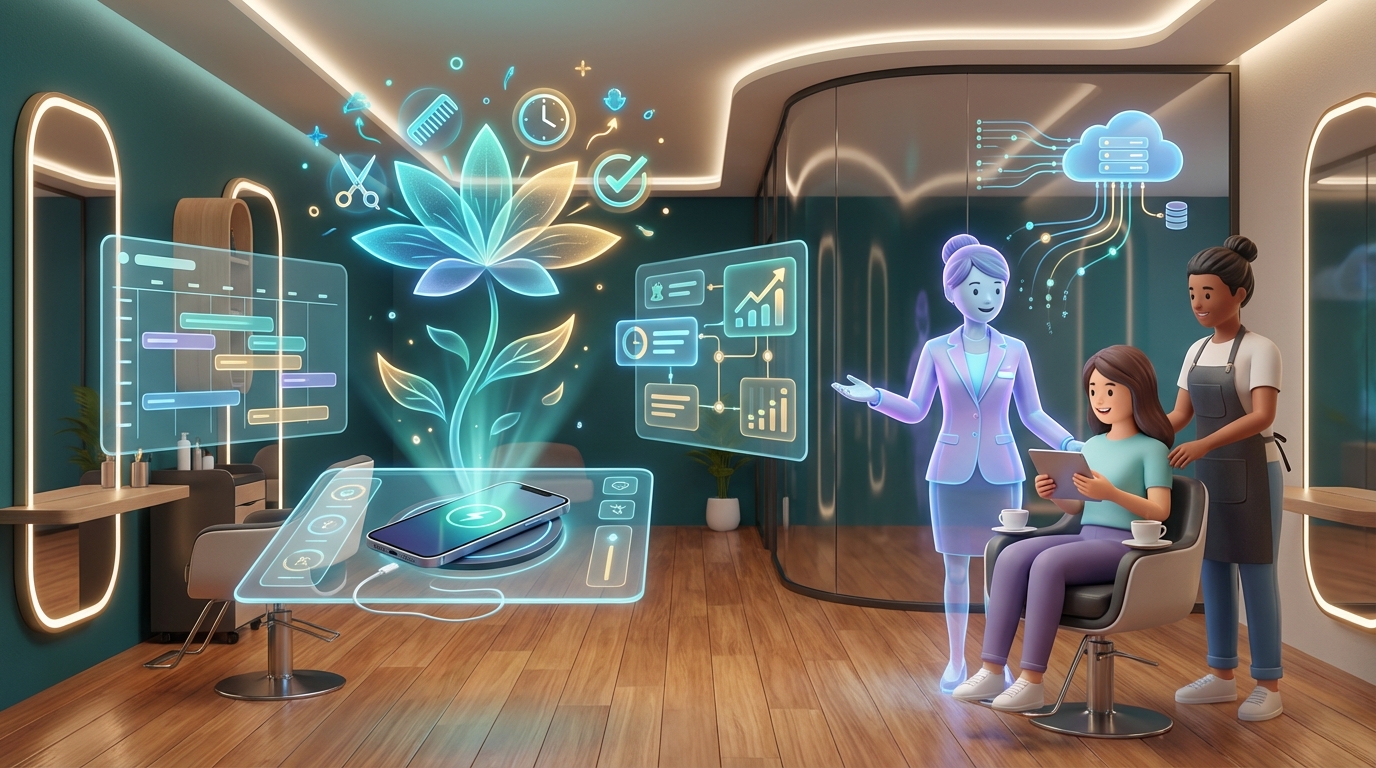 Futuristic salon with holographic booking UI.