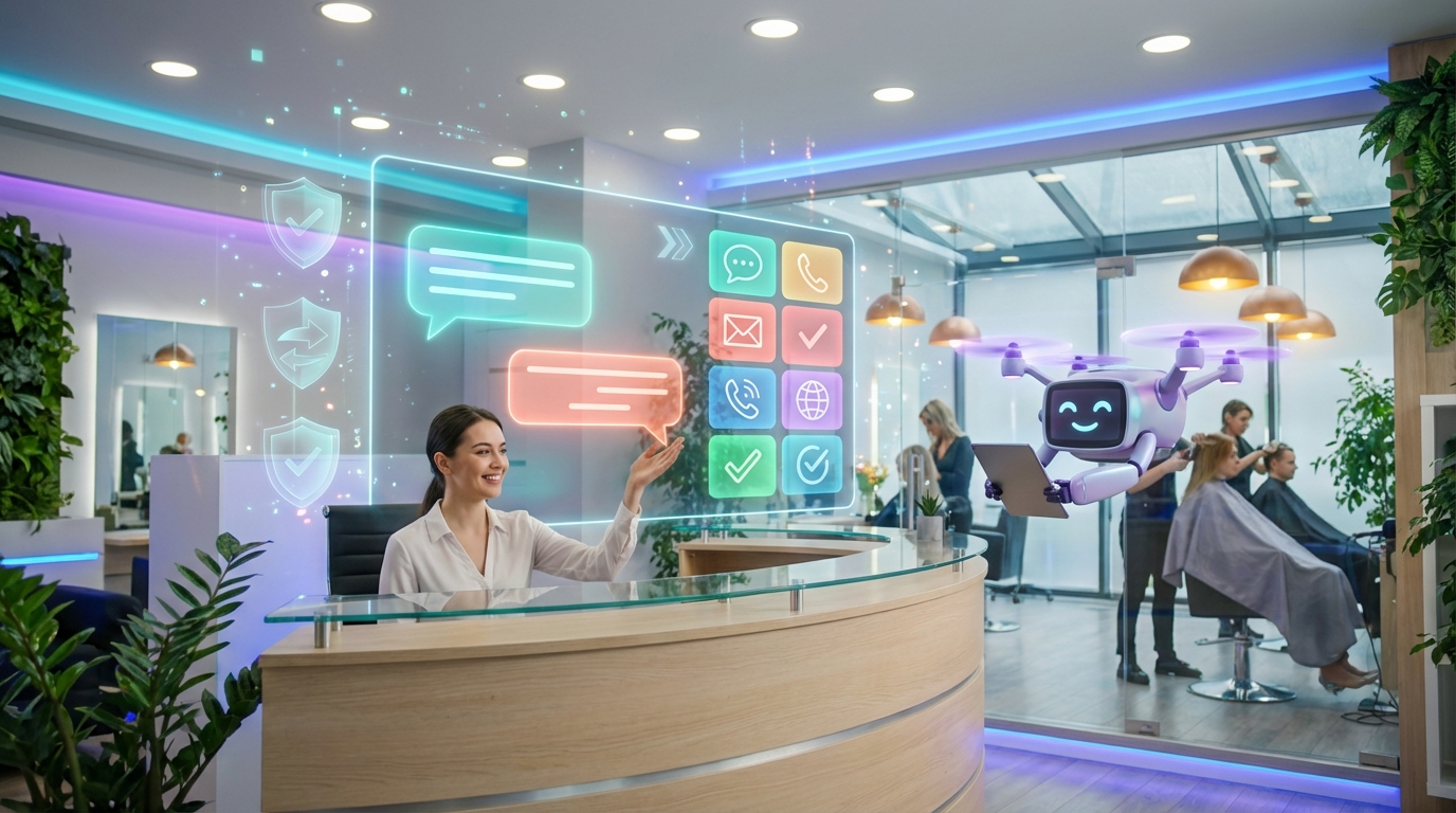 Moderner Friseursalon mit holografischem Messaging-Dashboard und freundlicher Empfangs-Roboter