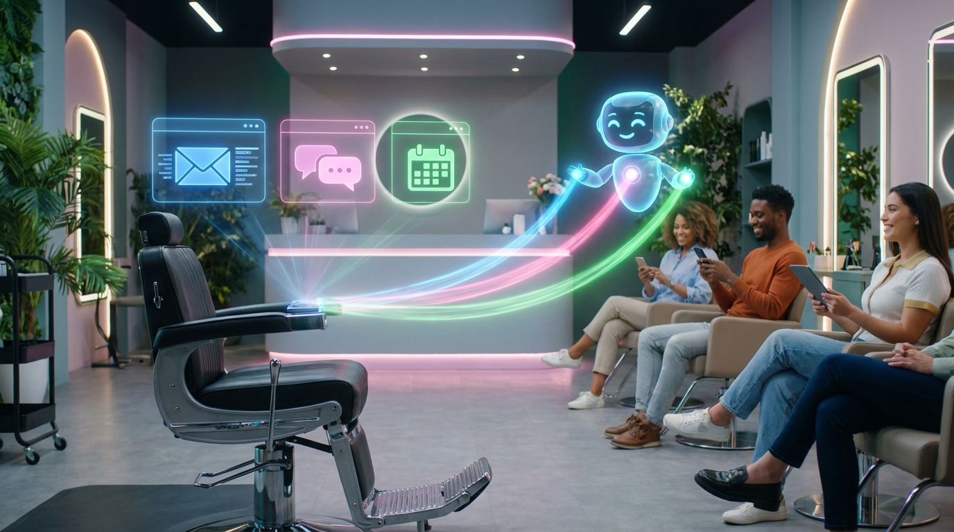 Futuristischer Friseursalon als Multikanal-Kommunikationsturm, drei farbige Nachrichtenströme zu den Kunden