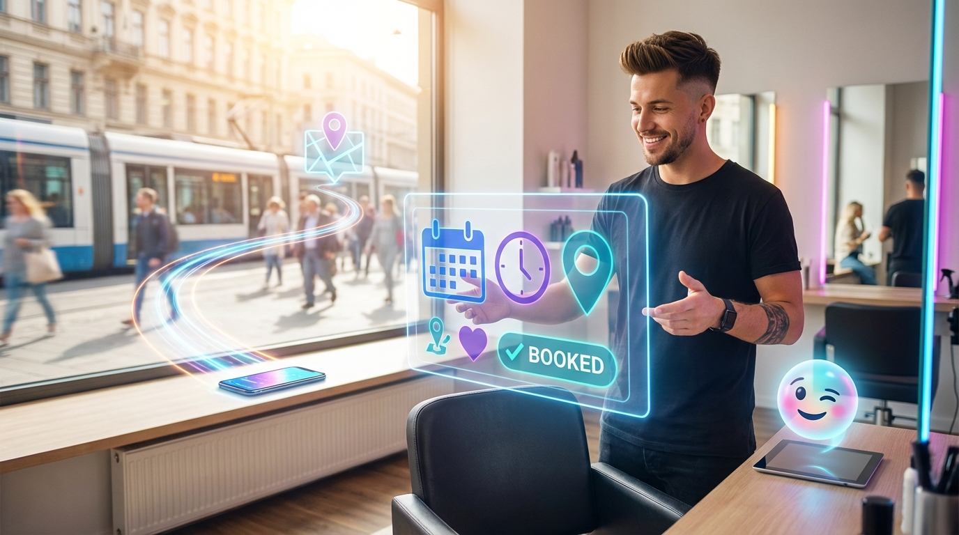 Moderner Friseursalon mit holografischen UI-Panels, symbolisiert Online-Buchungen und lokale Sichtbarkeit (ohne Text).